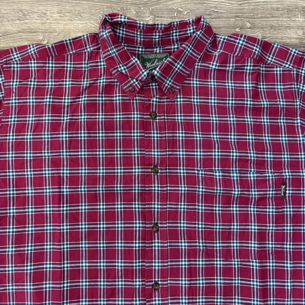 Woolrich Button Down Shirt 2XL Mens Short Sleeve Red‎ Blue Plaid Pocket Casual - Picture 2 of 14